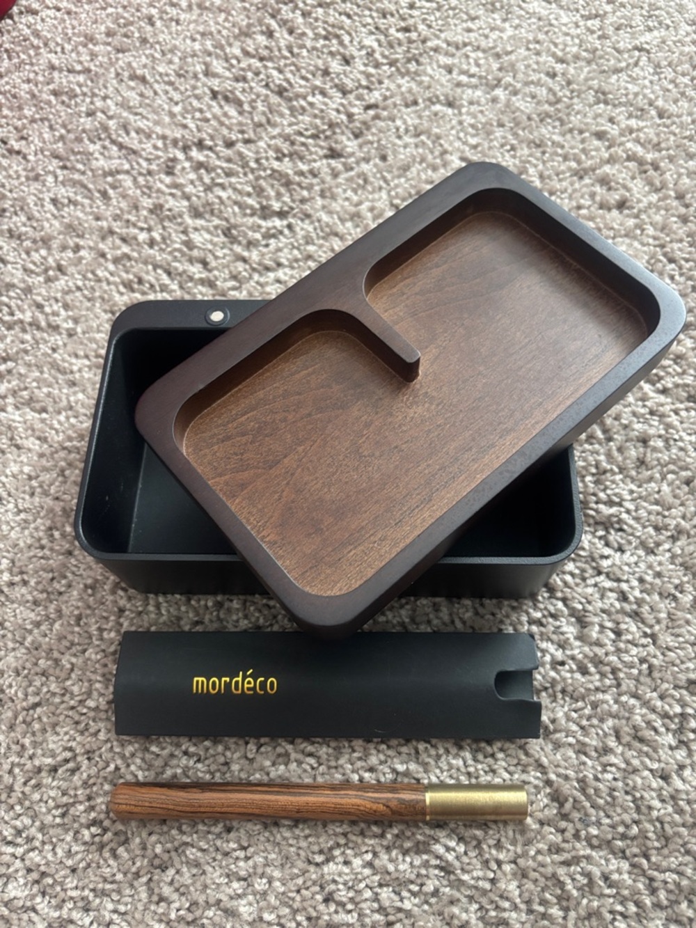 Mordeco Wooden & Metal Valet Tray in Dark Brown with Pen Combo